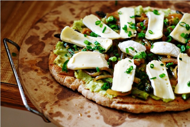 Butter Bean Hummus Flatbread with Asparagus, Brie and Caramelized Onions